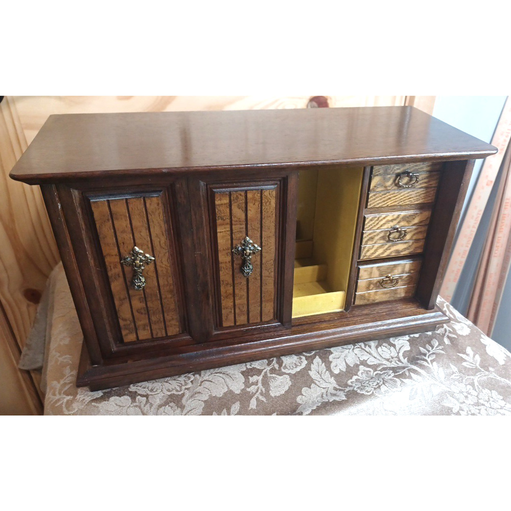 VTG Wood Jewelry Large Box MCM Organizer Japan 16x7x9* READ Cracked Mirror - Picture 11 of 16